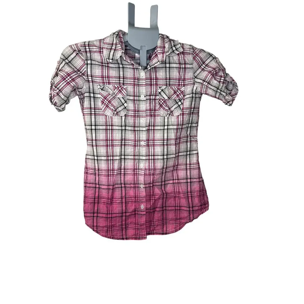 Justice‎ Pink and Black Plaid Shirt Girls Size 12 Button Up